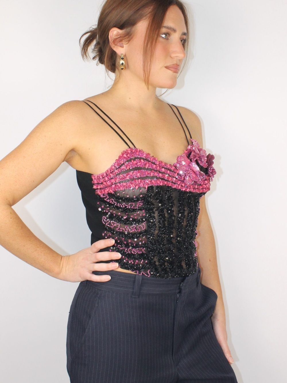 Beaded Pink and Black Spaghetti Strap Bustier Top